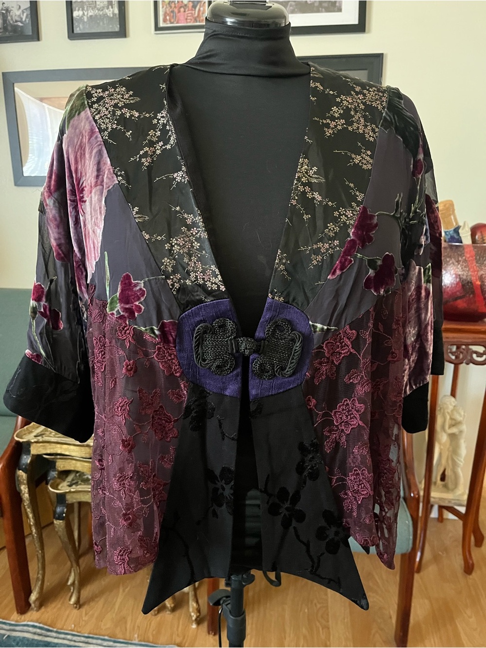 Plum & Black Floral Velvet Kimono-Style Jacket